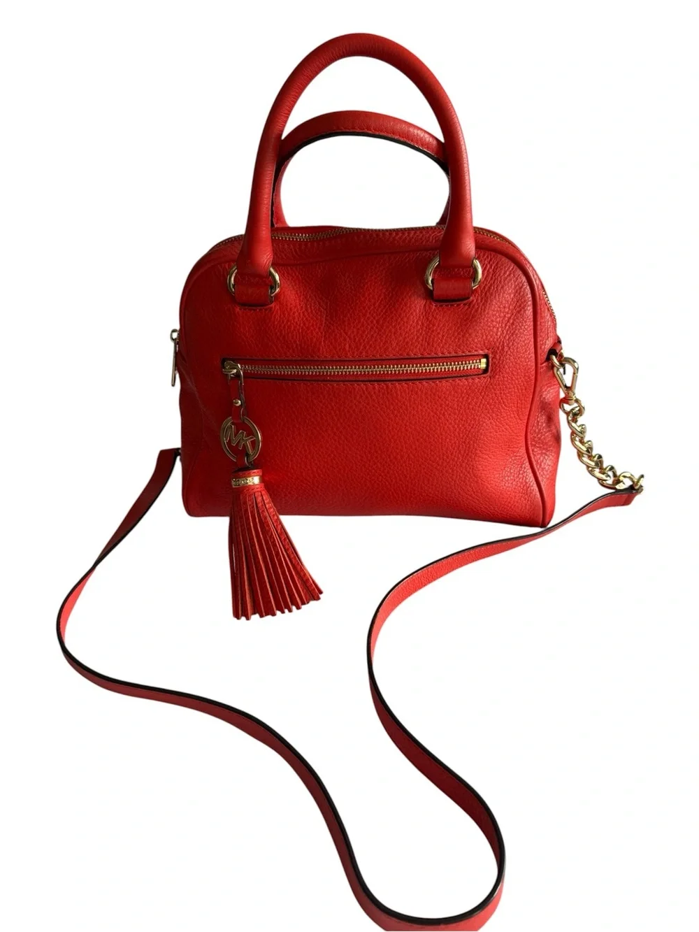 Michael Kors Red Pebbled Leather Knox Satchel Crossbody Gold Chain Tassel Charm - Picture 3 of 8